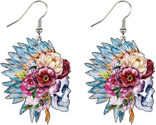 Pendientes colgantes de acrílico con diseño de calavera de girasol y calavera, diseño de calavera india, diseño de calavera