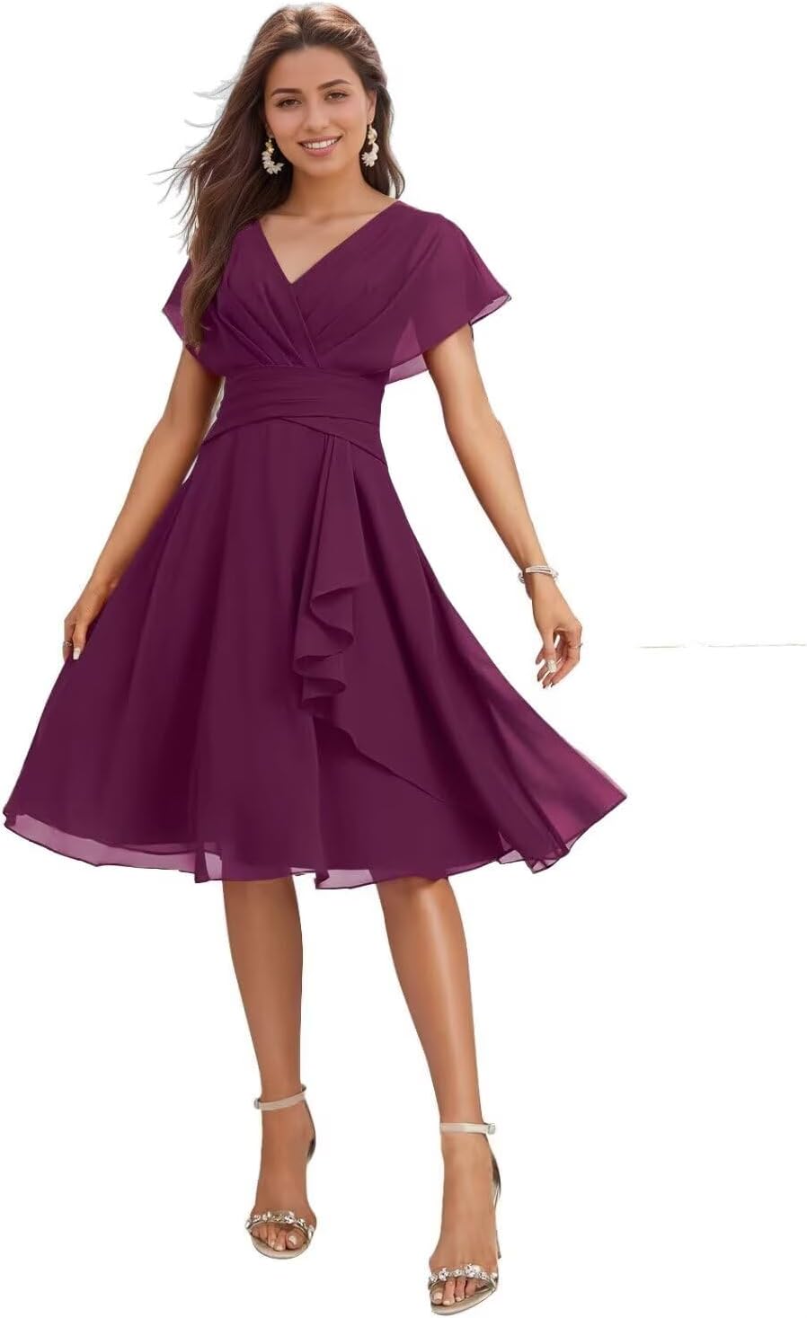 Knee Length Bridesmaid Dresses for Wedding Beach Chiffon V-Neck Formal Dresses for Women 2025 with Short Sleeve