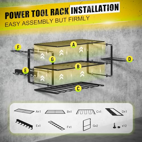 Image of Hipidian Power Tool Organizer Wall Mount - Storage Rack with 4 Drill Holders for Drills Cordless Tools. Heavy Duty Iron Garage Tool Organizer Storage for Workshop Shed (4 Slots 3 Layers)
