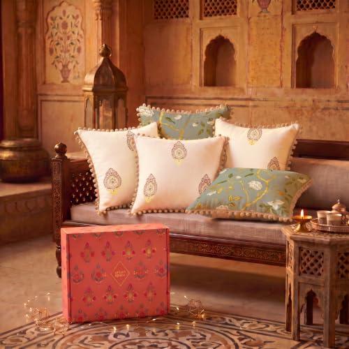 Image of Urban Space Festive Gift Set - Set of 5 Decorative Cushion Covers with Pom Pom, 16 x 16 Inch, Living Room & Sofa Cushion Covers, Home Decor Gift Set for Diwali, Housewarming & Festive Gifting (CC5)