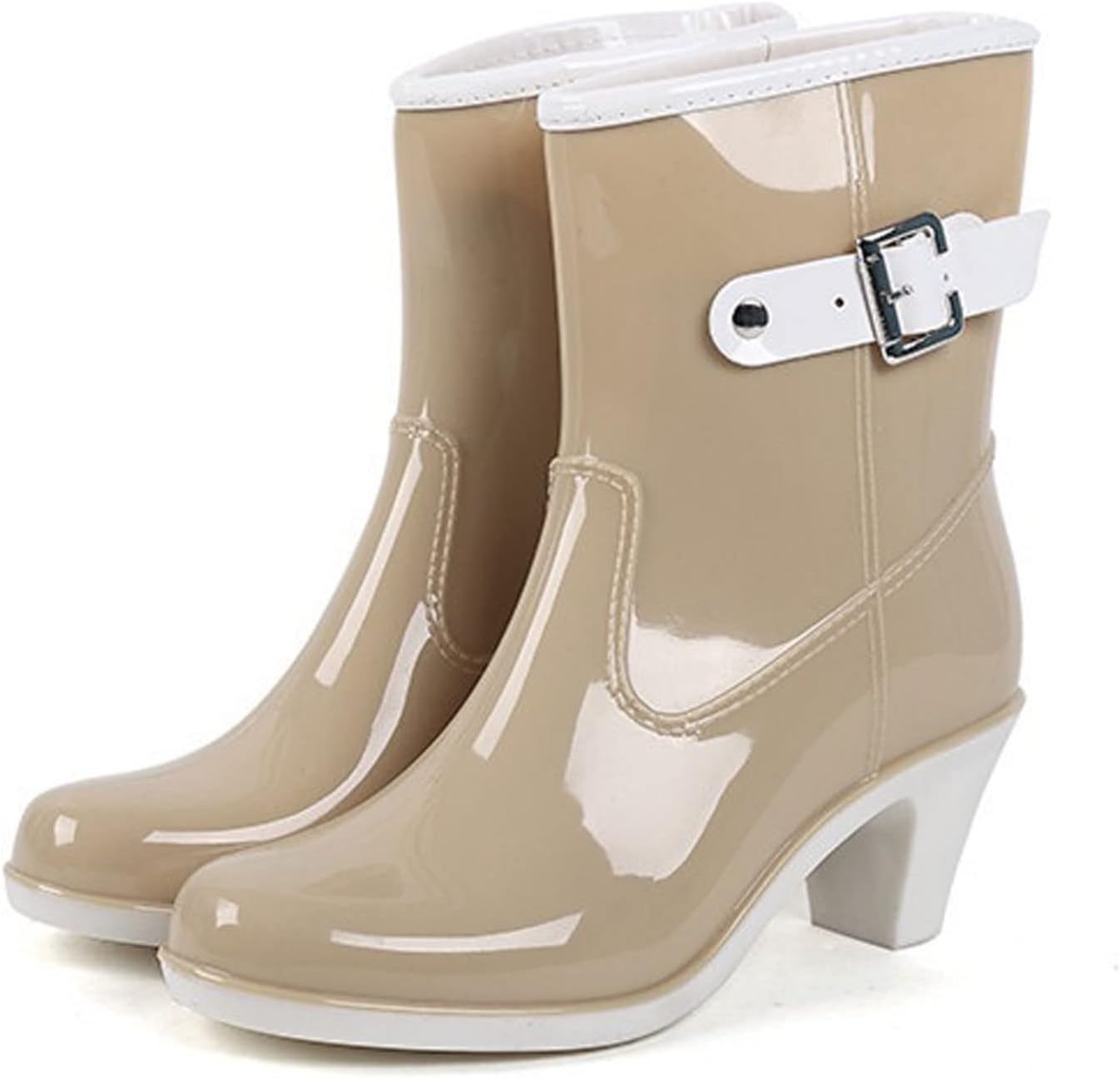 HBEIDAHUANGHBEIDAHUANG Rain Boots for Men Women High Heels Wedges Rain Boots Mid-calf Waterproof anti-slip Rainboots Water Shoes Woman Wellies Boots Rubber overshoes (Color : Apricot, Size : 37)