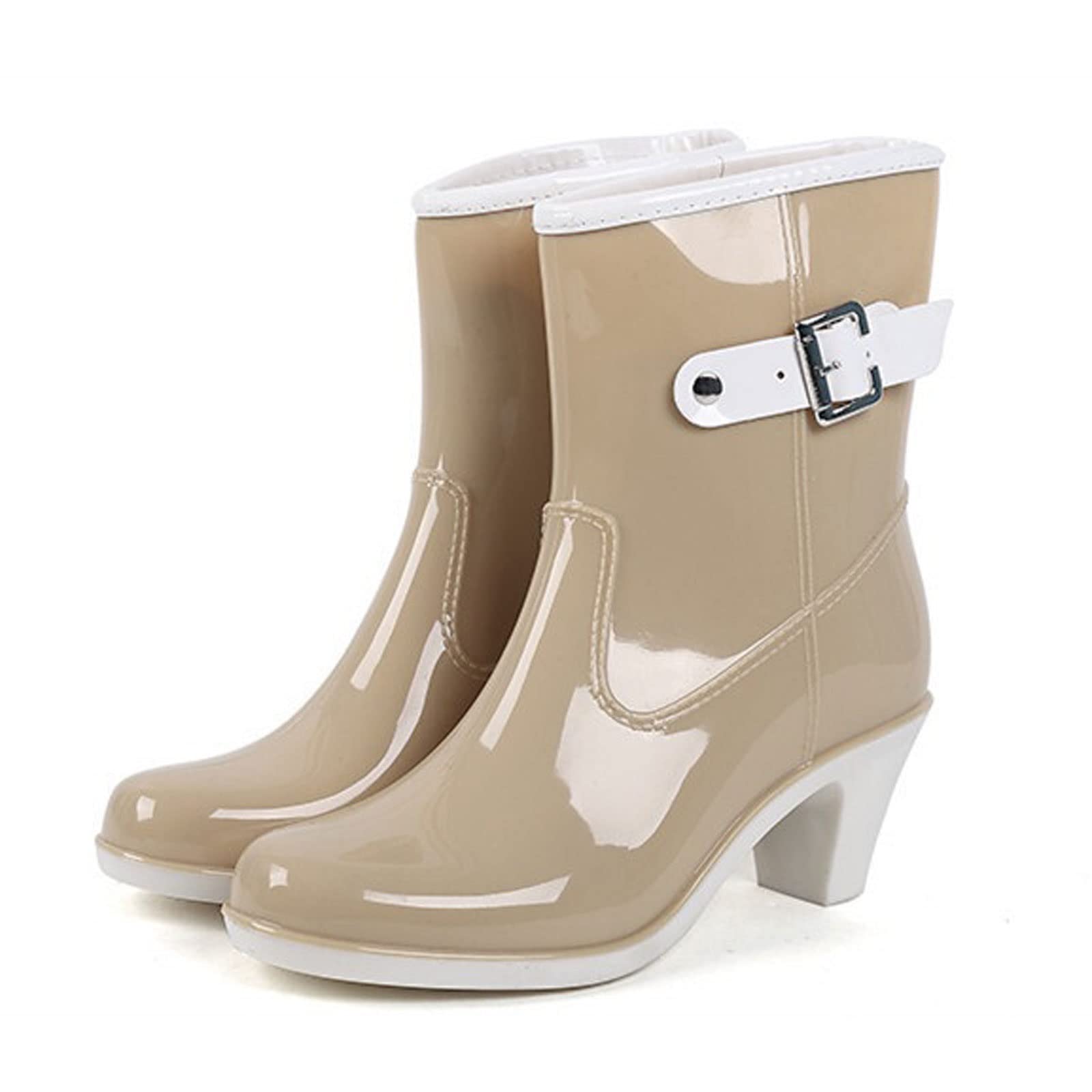 HBEIDAHUANGHBEIDAHUANG Rain Boots for Men Women High Heels Wedges Rain Boots Mid-calf Waterproof anti-slip Rainboots Water Shoes Woman Wellies Boots Rubber overshoes (Color : Apricot, Size : 37)