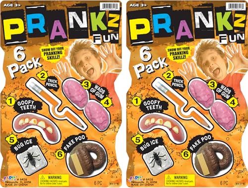 JA-RU Prank Kit for Kids (2 Pack) – Funny Gag Toys Set with Ugly Fake Teeth, Fake Poop, Prank Gum, Bug in Ice & Pencil Through Finger, Funny Prank Gifts for Kids. 6416-2s