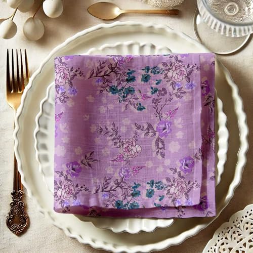 Vargottam Lavender Garden Cotton Muslin Napkins - Set of 12, 20x20 Inches, Elegant Floral Print, Perfect for Spring Celebrations, Tea Parties, and Daily Dining - Machine Washable