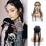 xiweiya Super Long 100% Hand-Braided Lace Front Box Braided Wigs 360 Swiss Lace Front Black Double Dutch Braided Wigs for Women Twisted Braids Wig 36inch