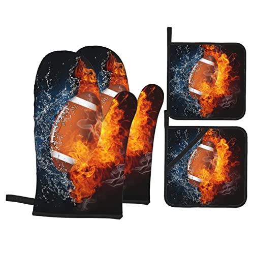 Football With Ice And Fire Oven Mitts And Pot Holders Sets 4 Pcs Heat Resistant Pads Non-Slip Bbq Gloves For Kitchen,Cooking,Baking,Grilling #TOP4