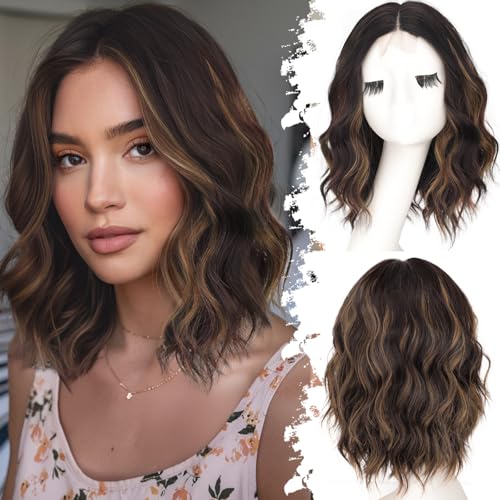 Eawwii Dark Brown with Caramel Highlights Short Wavy Wig for