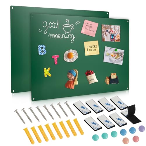 Image of 2 Pack Green Magnetic Board 17.2"x11.8" Magnet Bulletin Board to Display Magnetic Notes，Poetry，Photos，Suitable for Bedroom,Bathroom,Study Room etc,Come with 8Pcs Dual Lock Tape and Screws