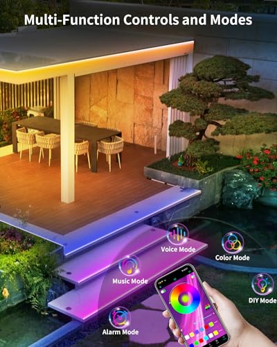 Image of 33ft Outdoor Waterproof LED Light Strips, 12v Outdoor RGB Led Strip Lights with Bluetooth Music Sync App Remote, Christmas Lights Decor Rope Lights