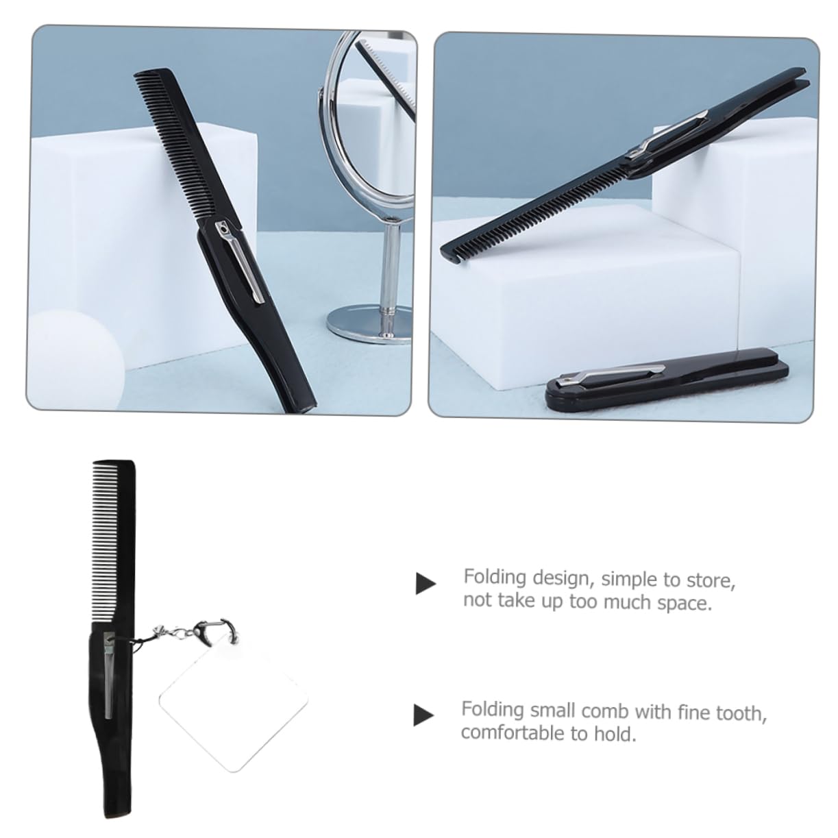 CALLARON Beard Comb Mens Pocket Foldable Comb Fine Tooth Small Folding Travel Brushes Keychain Mirror