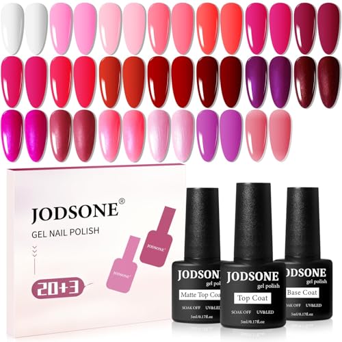 JODSONE Lot de 23 vernis à ongles gel à paillettes avec couche de base Soak Off Mat et brillant Top Coat Glitter Red Pink Color High Shine et Fashion Gel Polish