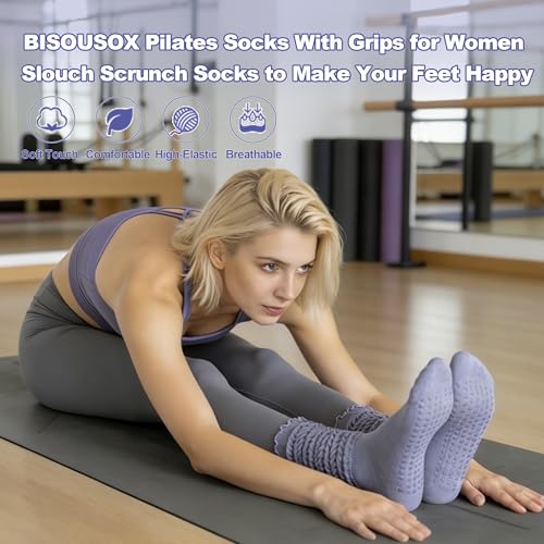 Image of BISOUSOX Pilates Grip Socks for Women, Slouch Scrunch Non Slip Yoga Socks, Ankle Crew Socks for Home, Workout, Hospital