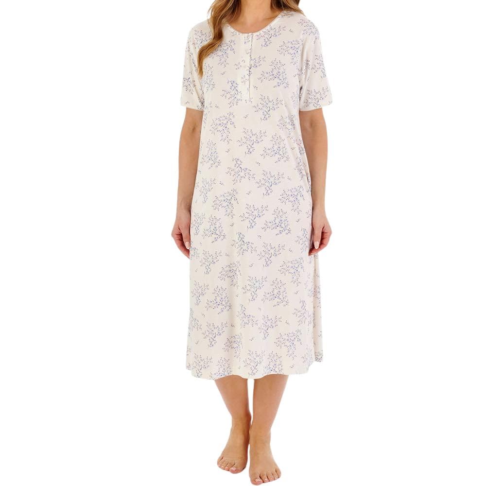 Slenderella Bamboo Cotton Short Sleeve Buttoned Top 42 Inch Nightdress (10/12, ivory)