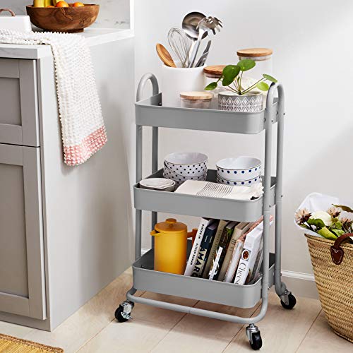 Image of Amazon Basics 3-Tier Rolling Utility or Kitchen Cart, Lockable Wheels, Multifunctional Storage, Mobile Shelving Unit, Metal Storage Organizer, Charcoal