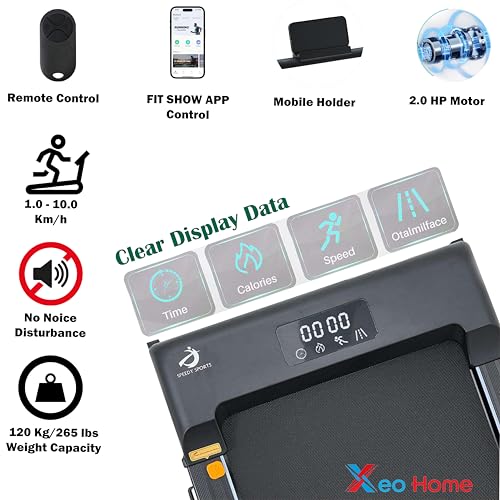 XEO HOME Walking pad with Handles Bar Underdesk Treadmill for Home Office Gym Foldable Electric Running Machine Portable Remote & Bluetooth App Control 2HP 1-10Km/H W. Capacity 120kg/265lbs - Image 4