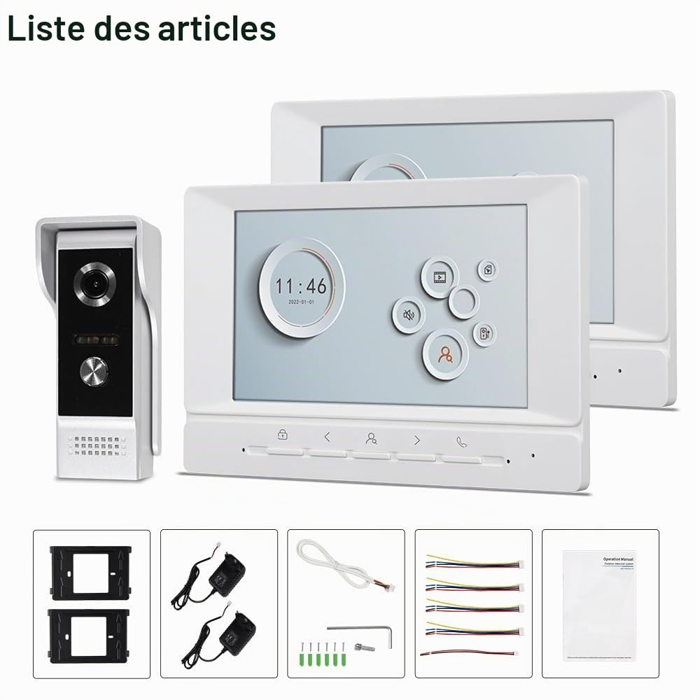 Téléphone de Porte Vidéo du Système d'intercom WiFi 1080P HD Sonnerie Vidéo de Caméra avec 2 Moniteurs 7 Pouces, Vision Nocturne IR, Audio Bidirectionnel, Enregistrement, APP Tuya