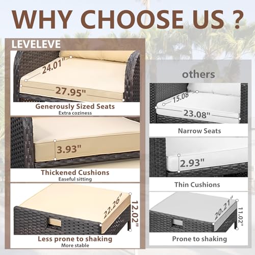 LEVELEVE Balcony Furniture 5 Piece Patio Conversation Set, PE Wicker Rattan Outdoor Lounge Chairs with Soft Cushions 2 Ottoman&Glass Table for Porch, Lawn-Brown Wicker - Image 4