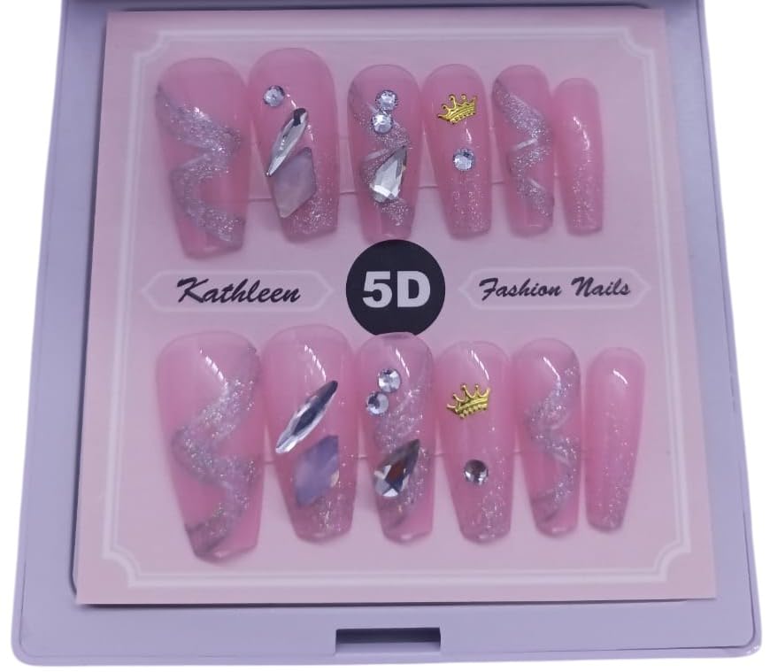 26 Cute Smile 5D Press-On Nails for Women & Girls – Reusable Acrylic False Nails with Rhinestones, Roses, Heart & Smile Charms – Easy to Apply Nail Art Set for Parties, Weddings & Daily Use (Design 4)