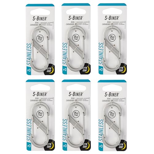 Nite Ize S-Biner Stainless Steel Dual Carabiner - Multi Purpose Dual Carabiner Clip - Great for Camping Supplies & Hiking Essentials - Secure Key Holder - Size 3, Stainless (6 Pack)