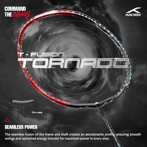 Image of Hundred T-Fusion Tornado Badminton Racket with Full Cover | ≤32 lbs | Performance Racket | Sturdy Frame & Smooth Swing | Offensive Shots & Fast Game