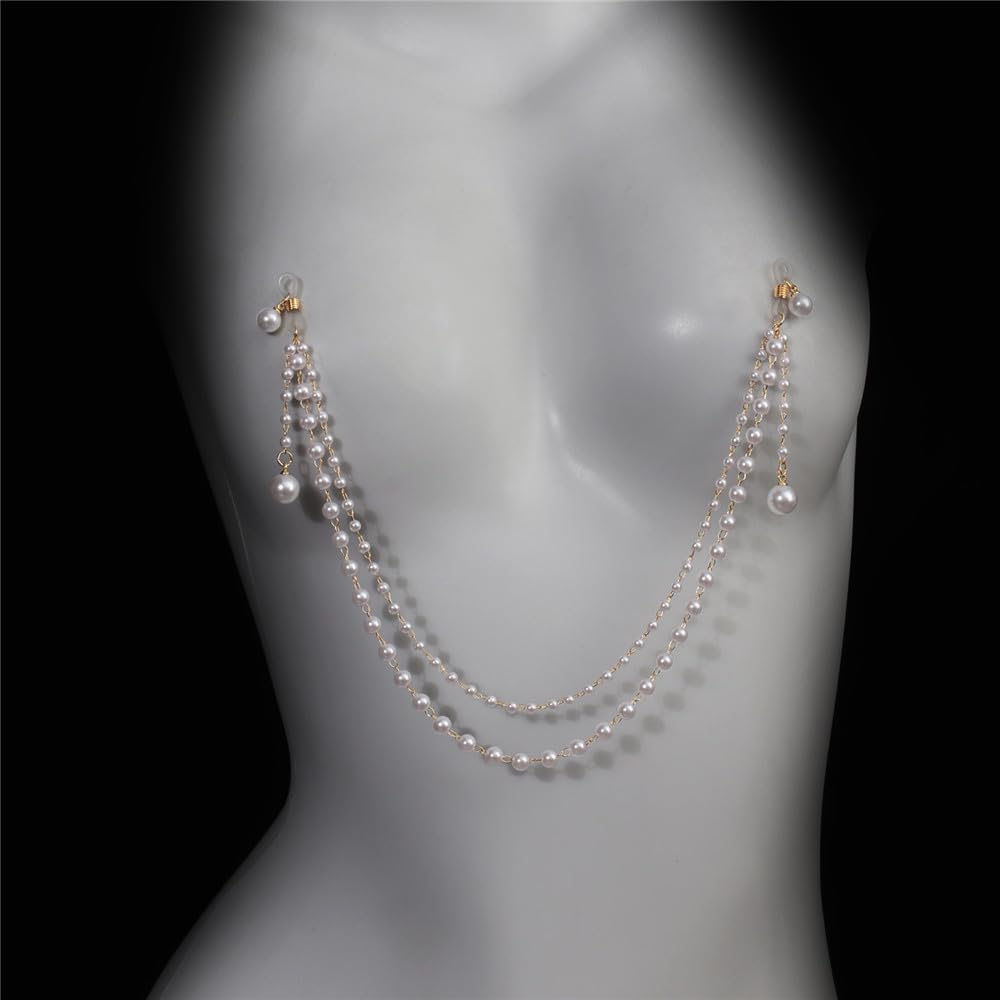 Niaspi Sexy Pearl Non Piercing Fake Nipple Rings Bra Chest Chains Pearls Beaded Adjustable Noose Body Chain Summer Beach Women Clothes Accessories