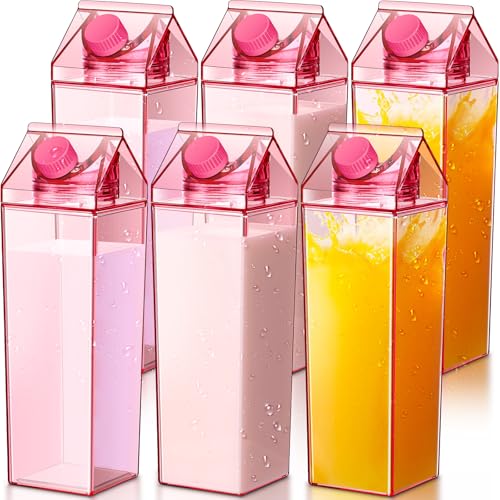 Remerry 6 Pcs 34oz Pink Milk Carton Water Bottle Square Plastic Cute Pink Milk Carton Container Portable Reusable Juice Cup for Sports Camping