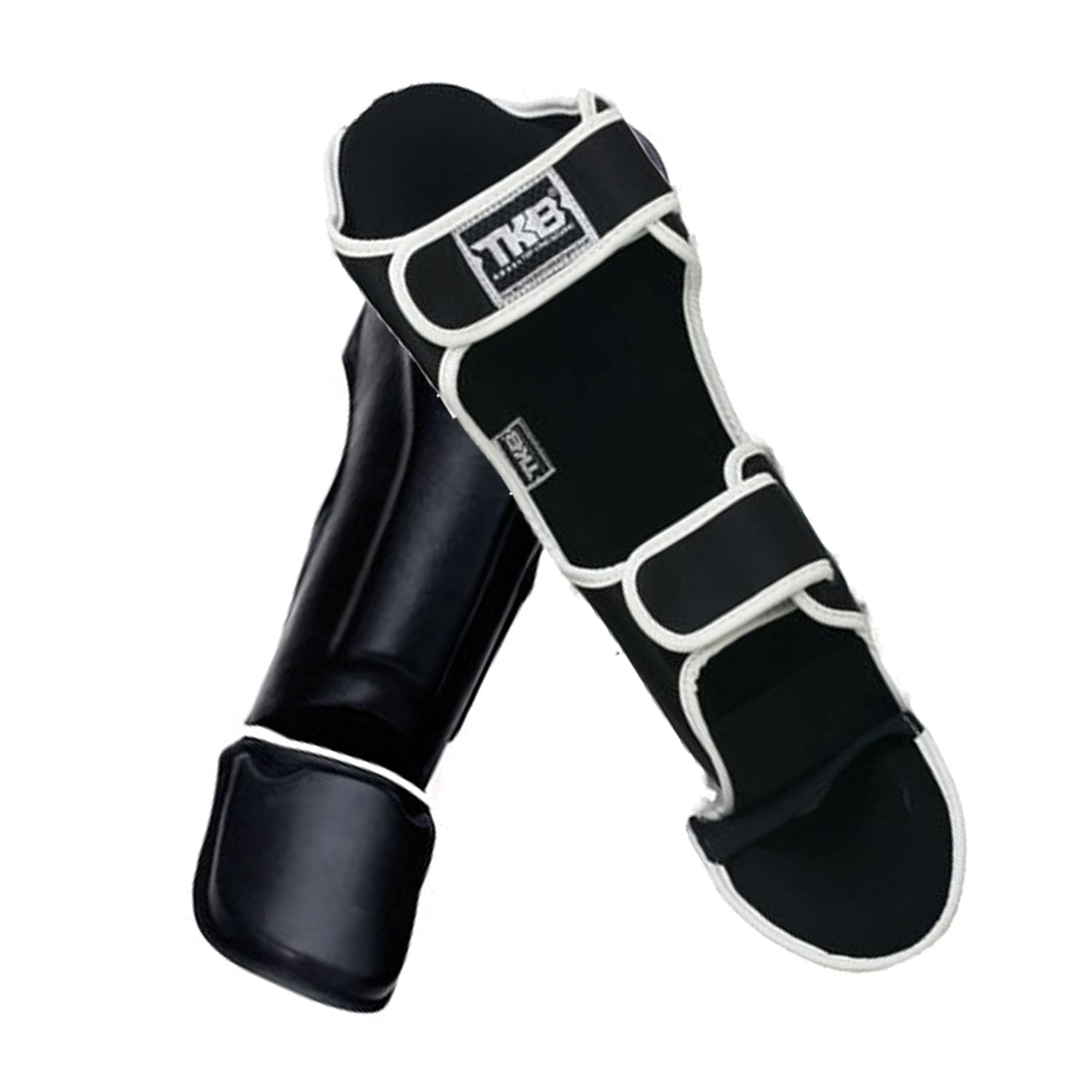 Top King Boxing Muay Thai Shin Guards Protector Protection (Black/White, L)
