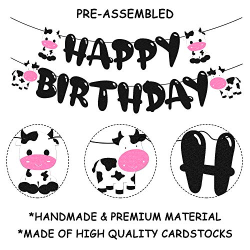 Cow Birthday Banner Happy Birthday Sign Garland For Kids Boy Girl’s Cow Farm Zoo Animal Themed First 2Nd 3Rd Bday Party Supplies Glitter Black Decorations #TOP1