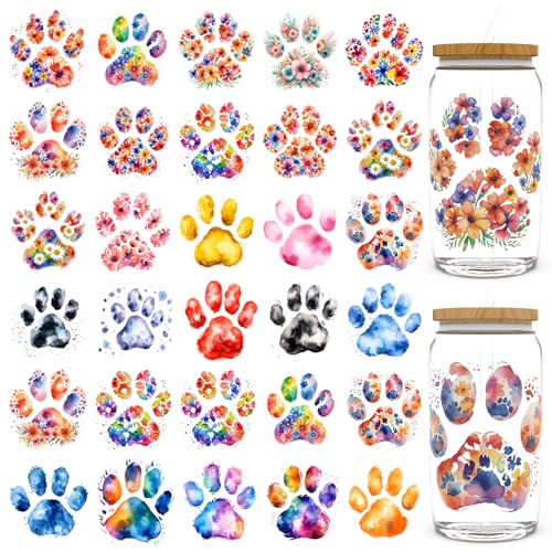 CHNVICK 30 PCS UV DTF Cup Wraps for 16 OZ - Paw Print Dog UV DTF Cup Stickers for 16OZ Glass Cups, Mugs?Milk Tea Cups, Metal and Plastic Bottles. High-Viscosity UV DTF Transfer Sticker