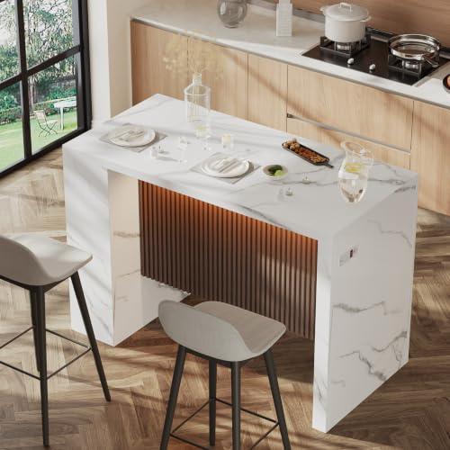 Image of Faux Marble Kitchen Island Table with Storage,LED Lights and Power Outlet | Imitation Marble Dining Table with Grille Design, Modern Rectangular Kitchen Dining Table for Dining Room,Living Room