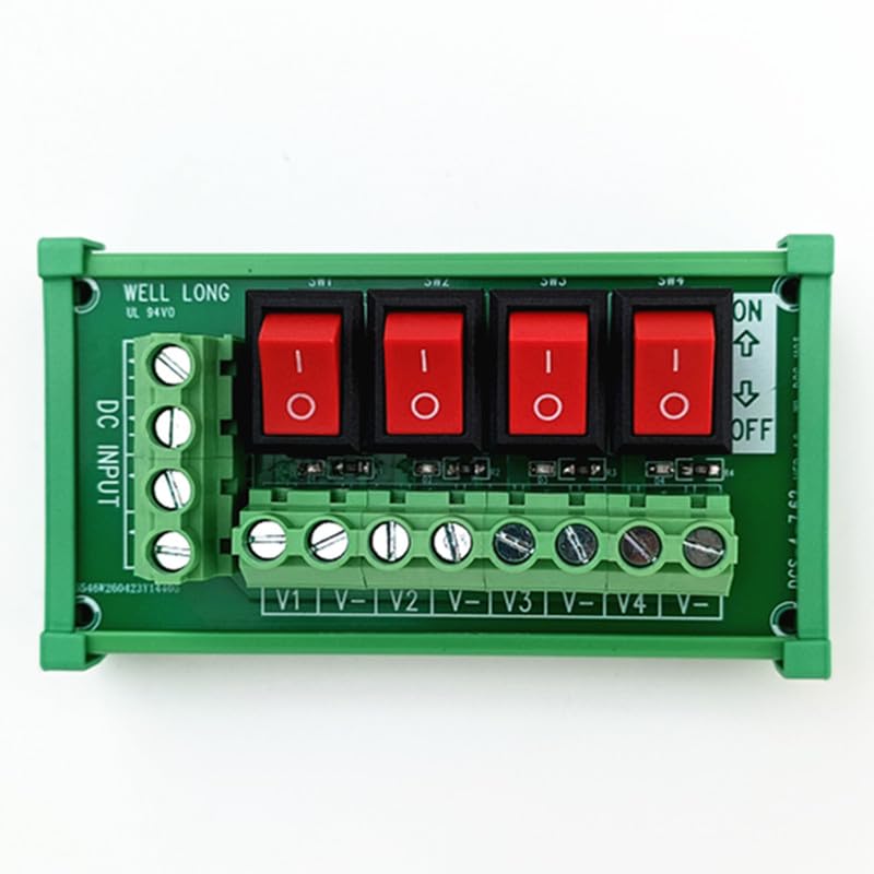 DIN Rail Mount 4 Channel Red Rocker Switch DC Power Distribution Strip Module.