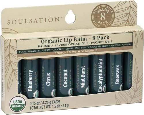 Soulsation Organic Lip Balm Set, 8 Flavors - Hydrating for Cracked & Dry Lips, For Men & Women, Enriched with Vitamin E