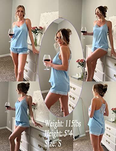 Image of Ekouaer Satin Pajamas Women Lace Sleepwear Lingerie Cami Shorts Set Nightwear XS-XXL