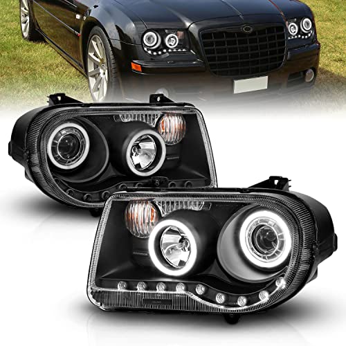 Amerilite For 2005-2010 Chrysler 300C Black Replacement Headlight Assembly Halogen Projector Extreme Dual Led Halo W/Bulb Pair - Passenger & Driver Side #TOP28