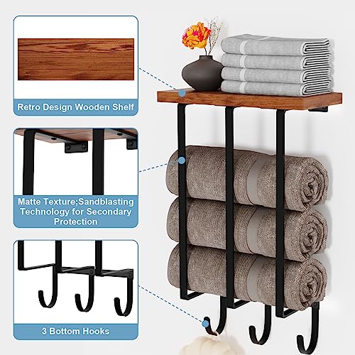 Towel Racks for Bathroom with Wooden Shelf and 3 Hooks, Towel Rack Wall Mounted, Sturdy Towel Holder Bathroom Accessories for Rolled Towels Organizer, Black - Thumbnail 2
