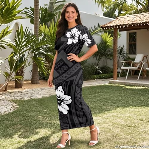 Image of Polynesian Dress for Women Short Sleeve High Waist Maxi Skirt | Puletasi dress, t-shirt and skirt two-piece, elastic material, lightweight, soft, plus size, luau party, wedding, clubwear