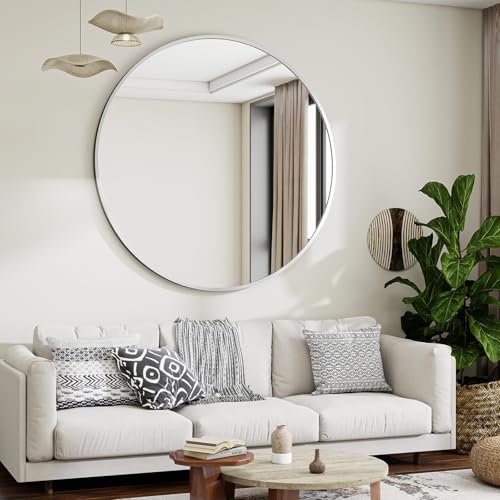 Image of VooBang Silver Round Bathroom Mirror, 42 inch Large Circle Wall Mounted Hanging Mirror with Simple Modern Circular Metal Frame for Hallway, Entryway, Living Room, Silver Frame
