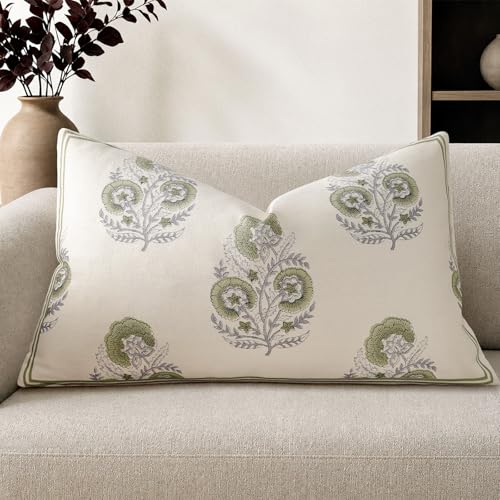Vintage Floral 12x20 Lumbar Pillow Cover Pack of 1, Double-Sided Botanical Print Decorative Throw Pillow Cover Farmhouse Neutral Cushion Cover for Sofa Couch Living Bed Room, Sage Green(Cover Only)