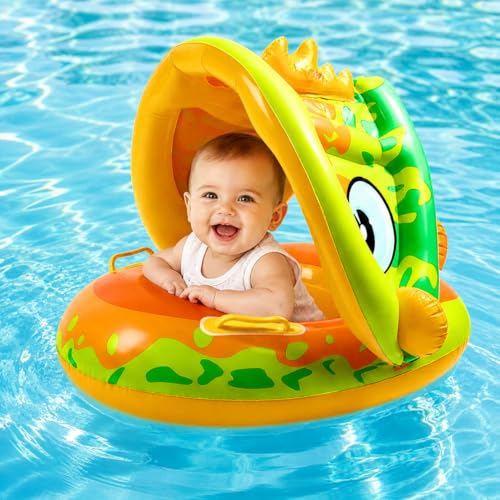 Image of Baby Pool Float with Canopy & Sunshade, Inflatable Infant Swimming Float Ring Seat with UV Protection, Safe Baby Swim Trainer for Pool & Beach (6-36 Months)