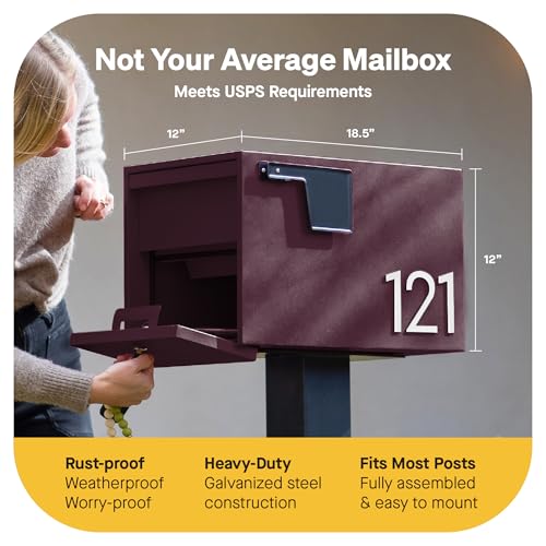 Image of Adoorn Lockable Post Mount Mailboxes for Outside - Small Anti-Theft Locking Mailbox for Packages and Letters - Weatherproof Construction - Durable Steel - 12 inch H x 12 inch W x 18.5 inch D - Malbec