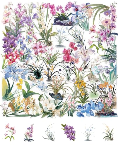 QLEUIFT Autocollants Orchidées Transparentes, 50pcs Stickers Fleurs Orchidées, Scrapbooking Autocollants Plante Florale, pour Journal, Cartes, Ordinateur,...