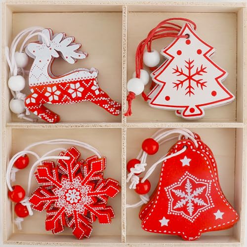 Weihnachtsanhänger Holz, Weihnachtsbaumschmuck Rot Weiß, 12 Stück,...