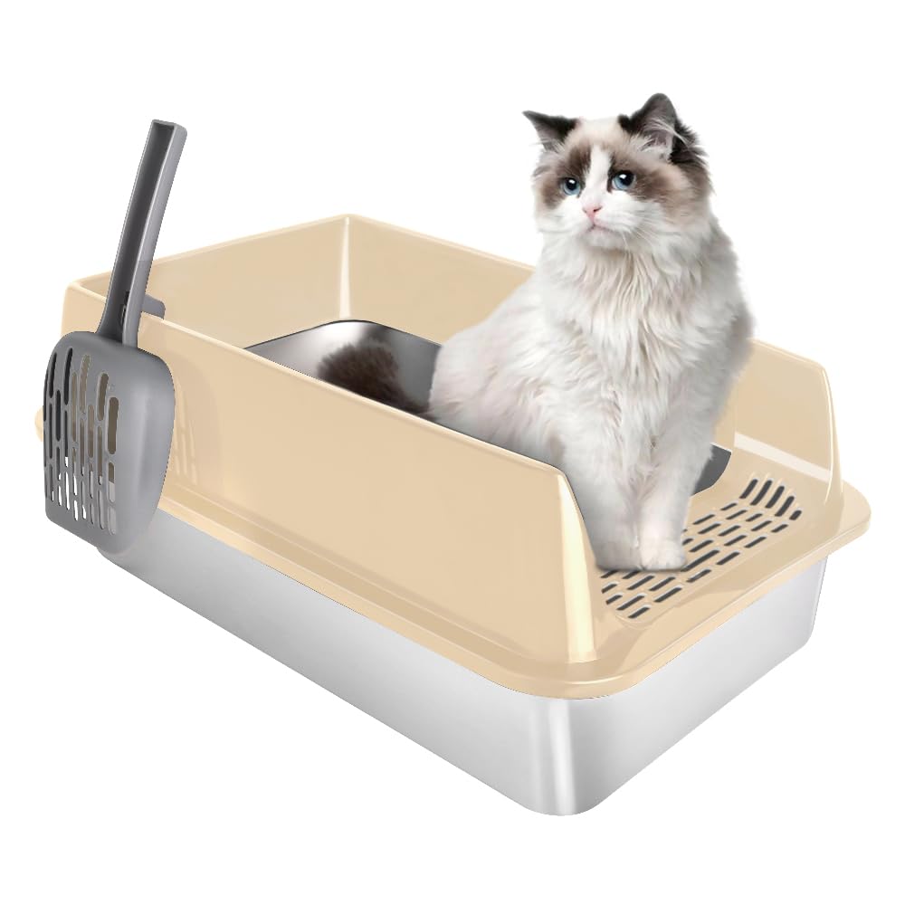 Bac Litière INOX XXL, Grande Litière pour Chat Bord Haut 30cm Anti-Projection, Toilette Chat Métal Ouverte avec Pelle et Pédale, Facile à Nettoyer, Kaki (60x40x30cm)