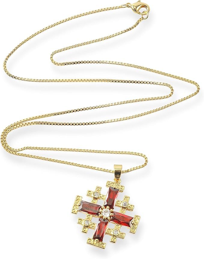 Nazareth Store 18k Yellow Gold Plated Crusaders Jerusalem Cross Pendant with Crystallized Topaz and 20" Necklace Chain4