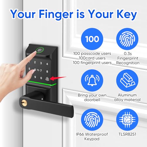 MYPIN Smart Door Lock with Biometric Fingerprint & Touchscreen Keypad, Keyless Smart Lock, 7-in-1 Unlock, Compatible with Apple Watch for Front/Exterior/Interior Doors - Image 4
