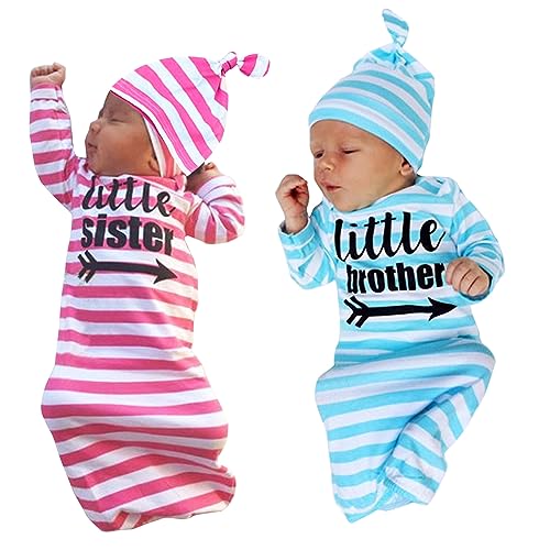 Newborn Baby Twins Knotted Nightgowns Set Soft Sleeper Gowns Striped Infant Sleeping Bags with Hats Set