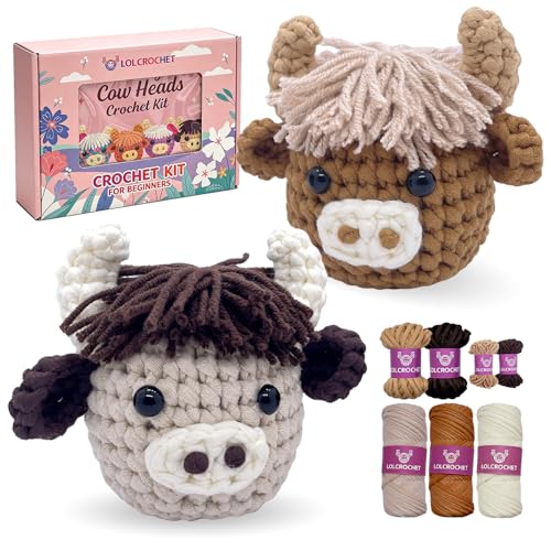 Image of Crochet Kit for Beginners - 2 Pcs Highland Cow Crochet Starter Kit with Step-by-Step Video Tutorial, Easy Amigurumi Set for Adults, Women Learn to Crocheting Gift Idea