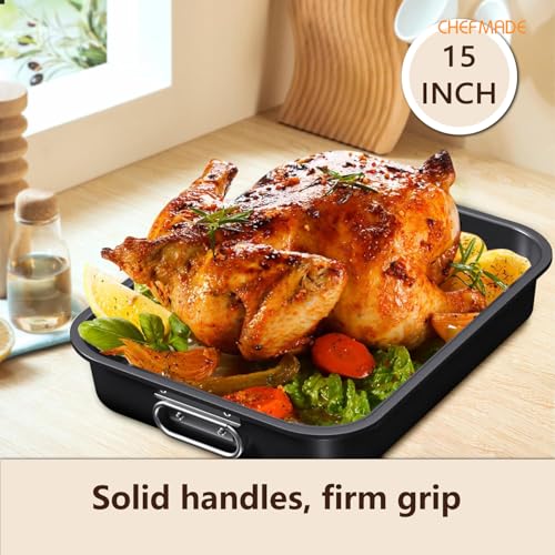 CHEFMADE Roasting Pan with Rack, 15 Inch Deep Roasting Pan, Deep Lasagna Pan for BBQ Vegetbale and Meat 15.6\" x 11.2\" x 2.5\" (Black) - Thumbnail 6