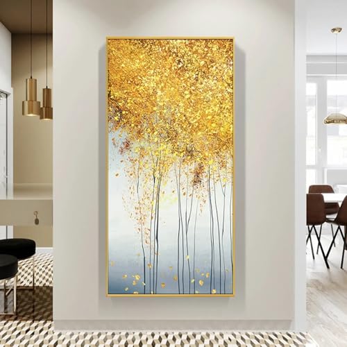 Peintures abstraites de bouleaux paysage moderne sur toile encadrée dorée
