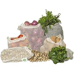 Reusable Cotton Mesh Produce Bags - 100% Organic Cotton, Durable, Double Stitched, Washable with Tare Weight & Drawstring - Mesh Bags for Grocery Shopping, Vegetables & Fruits | Set of 6 (2L, 2M, 2S)